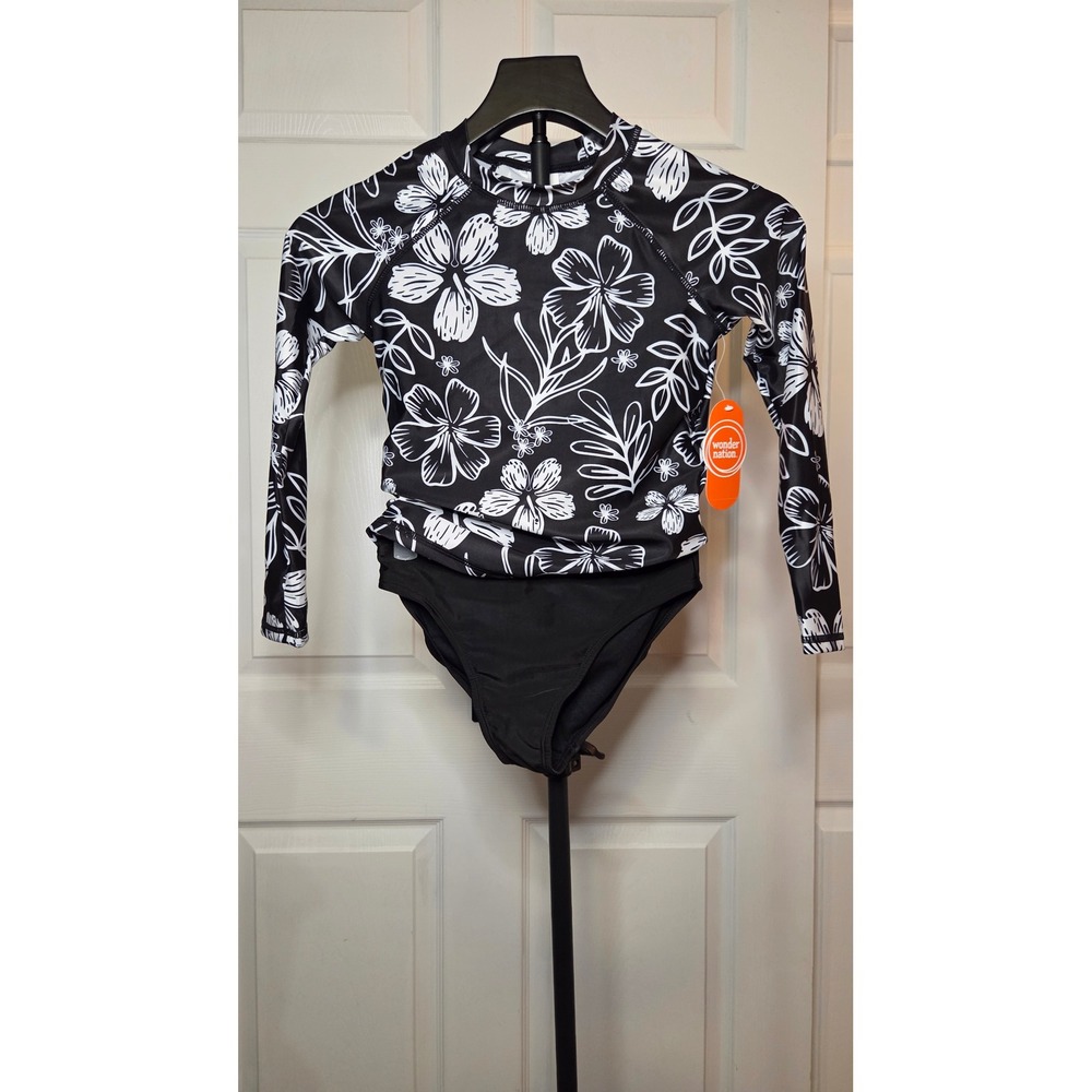 Wonder Nation Girls Long Sleeve Rash Guard Swimsuit Set Black White Floral M 7-8